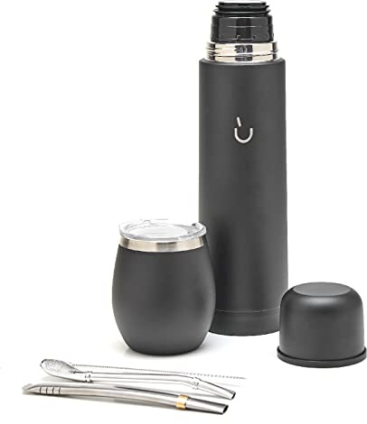 BALIBETOV Set Yerba Mate Completo - Calabaza Mate Moderna, Termo, Bombilla y Cepillo de Limpieza Incluido - Todo Acero inoxidable 304 18/8 (Negro Solido)