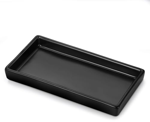 Luxspire Bandeja Decorativa de Baño, Bandeja de Cerámica de Joyas Cosméticos Mini Bandeja Rectangular de Baño para perfumes velas Llaves, Organizador de Tocador Baño Cocina Hogar, 17*9*2 cm, Negro