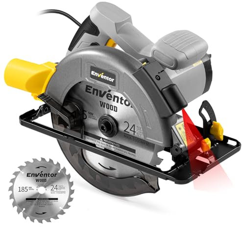 Enventor Circular Saw, 1400W 6000RPM Electric Circular Saws with Laser Guide, Max Cutting Depth 62mm (90°), 48mm (45°), Saw Blades(185mm, 24T), Pure Copper Motor, Ideal for Wood Cutting Corded