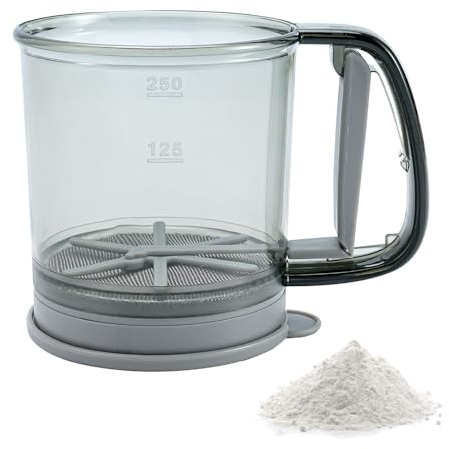 Double Layer Fine Mesh Flour Sifter for Baking, 1.5 Cup Plastic Sifter for Powdered Sugar with Tray, One Hand Press Design Strainer for Kitchen Cakes