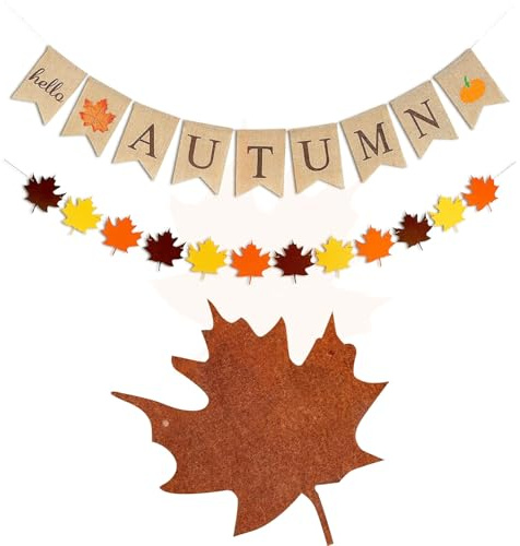 Bannière Hello Autumn en toile de jute, guirlande de feuilles d'érable à suspendre pour décorations d'automne, Thanksgiving, festival, fête, récolte d'automne, décoration de maison
