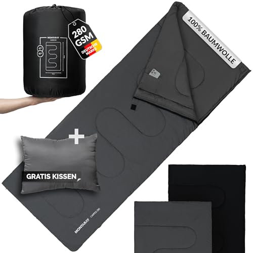 MONTARAY Deckenschlafsack 100% Baumwolle bis -3°C INKL. Kissen - Outdoor Winter-Schlafsack & Sommer-Schlafsack 280GSM 3-4 Jahreszeiten - Hütten-Schlafsack Damen & Herren - Sleeping Bag warm, leicht