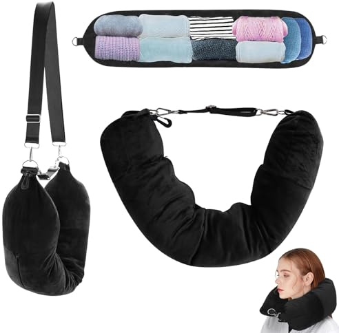 Cojín de Viaje rellenable, Almohada de Viaje Multifuncional en Forma de U | cojín para Cuello de avión, Relleno con Ropa, para Viajar en Coche o avión (sin Relleno) (Peluche Negro)