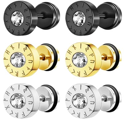 Flongo Pendientes Hombre Vikingos Falso: Aretes Brújula Nórdica Rune Fake Plug Stud Acero Inoxidable - Regalo Hombre Mujer Navidad 3 Pares Negro Oro Plata Estilo 3