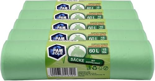 PAM-FOLIE Organic Rubbish Bags 60 L - Pack of 75 - Compostable Bin Bags - 5 Rolls - Organic, Tear-Resistant Waste Bags for Organic Bin, Residual Rubbish Bin, Kitchen, Office, Living Room