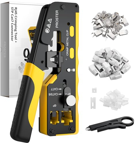Proster Crimpadora RJ45 Profesional para CAT7 con 20 Conectores Blindados - Kit Herramientas 3 en 1 Pelacables Crimpado Pasante y Hoja de Repuesto - Ideal para Redes de Alta Velocidad