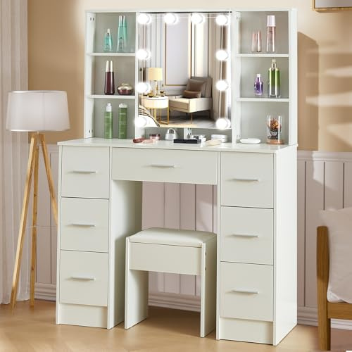 Buildonely Großer Schminktisch mit Beleuchtung und Hocker 100 x 40 x 140 cm, 3 Farbtemperaturen und Einstellbarer Helligkeit, Frisiertisch mit Spiegel, Modern, Weiß (2 Griffsets)