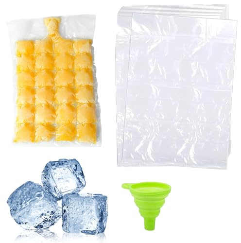 100 Pieces Disposable Ice Cube Bags with 1 Pcs Silicone Funnel, Self-Sealing Ice Cube Bags for Freezing, Food Grade PE Ice Mould for Whiskey, Juice, Drinks, Cocktail, Coffee