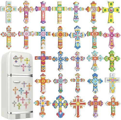 30 Pcs Cross Diamond Art Kits Magnetic Religious Christians Diamond Painting Magnets Kits Crystal Cross Jesus 5d DIY Art Fridge Magnet Refrigerator Sticker for Adult Beginners Home Car Garage