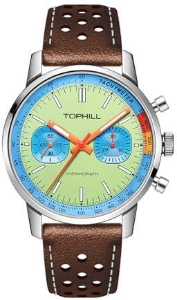 TOPHILL Orologio Cronografo Meccanico da Uomo 40 mm Verde, Orologio Pilota con Movimento Seagull ST1901, Vetro Zaffiro e Impermeabile fino a 50 m, Cinturino in Pelle Marrone