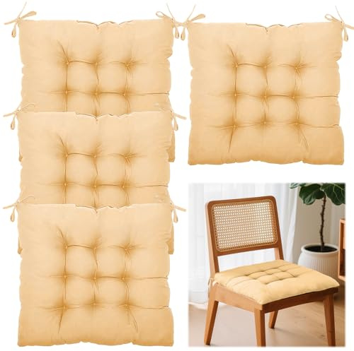 Lot de 4 coussins de chaise - 40 x 40 cm - Avec cordons de serrage - Pour chaise de jardin et intérieur - Lavables - Pour meubles de jardin et intérieur - Crème