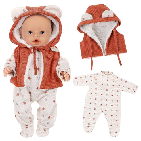 2 Stück Kleidung Outfits für 14-18 Zoll Baby Puppen, 30-43cm Baby Puppenkleidung Outfits 1 Orangefarbene Kapuzenweste 1 Bedruckter Overall Puppenzubehör Geburtstagsgeschenk für Mädchen