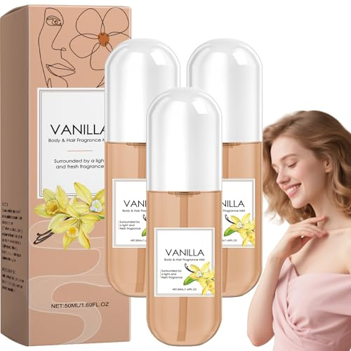 Parfum à la Vanille pour Cheveux et Corps, Brume Corporelle Vanille Longue Durée pour Femme, Parfum Cheveux Léger au Parfums Doux, Spray Hydratant Corps et Soin de la Peau, Format Voyage 50ml (3pcs)
