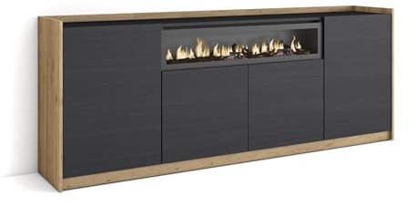 Skraut Home | Aparadores para salón | Gran Capacidad de almacenaje | 207x80x37 cm | 4 Puertas | Chimenea eléctrica | Estilo Moderno | Negro y Roble