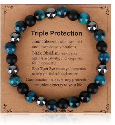 Goktvai Triple Protection Bracelet for Men, Black Obsidian Hematite Tiger Eye Beaded Natural Stone Evil Eye Bracelet, for Men Spiritual Jewelry Gifts Birthday Christmas Anniversary