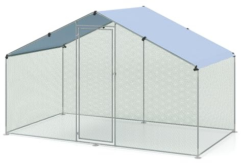 GYMAX Hühnerstall Freilaufgehege 3x1,7x2m, Hühnergehege aus Metallgitter mit Schloss, Tür & wasserfestem Überzug, robuste Konstruktion, Hühnervoliere Freilauf groß für Enten, Gänse & Kaninchen