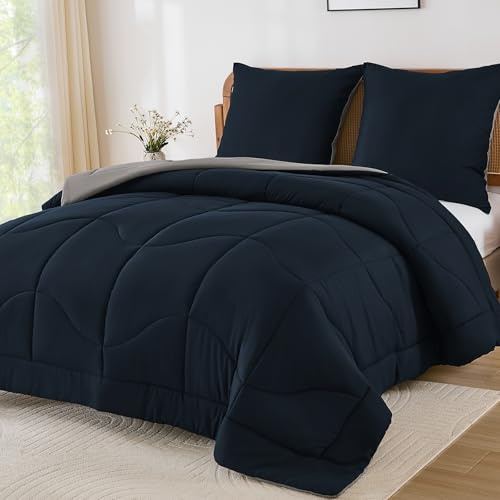 WONGS BEDDING Bettdecke 135x200-100% Wolle Bettdecke Ganzjährig Decke 300 GSM Dreh Schritt Decke135x200 Einfache Pflege & atmungsaktive Schlafdecke mit 1 Kissendecke 80x80cm, Marineblau & Grau