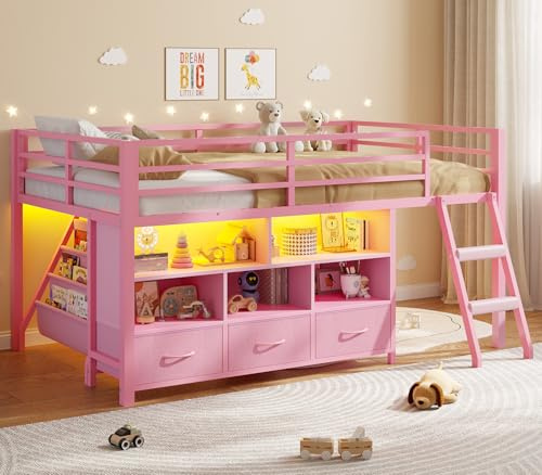 BTHFST Low LED Loft Bed Twin Size with Storage, 3-Tier Kids Bookshelf | Low Loft Bed for Kids, 5 Open Cubbies, 3 Fabric Drawers, Metal Frame Full-Length Guardrail, InclineLadder, Space Saving