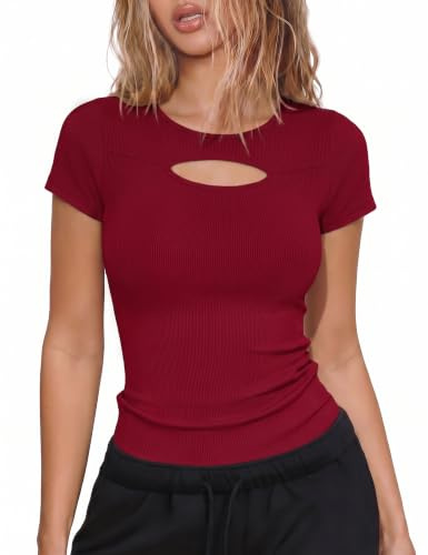 Aottori Tops Verano Mujer Camiseta Básica Manga Corta Cuello Redondo Acanalada Camiseta Corte Cut out Ajustado Estirado Top Pullover Tunica Rojo XXL