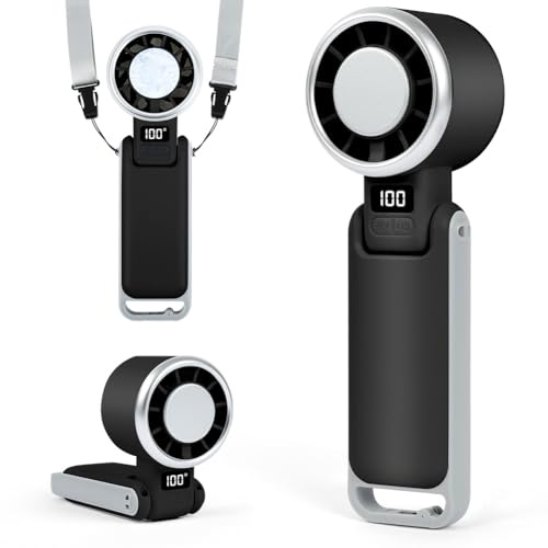 AUAUY Bärbar Turbo-fläkt, 5 hastigheter, 4-i-1-fläkt med kylfunktion, USB-uppladdningsbar, 180° hopfällbara fläktar med LED-display för resor, sport, kontor (svart)
