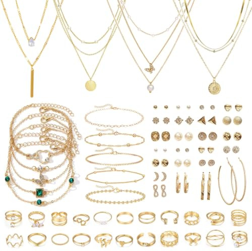 ZXTGBQ 60 Pcs Parure Bijoux Femme Or, Bracelet Ensemble Bijoux Ensemble Bijoux, Boucle D'Oreille Bracelet Collier Perle Zircon Cubique CréOles Boucles D'Oreilles Pour Femme Fille Cadeau Bijoux