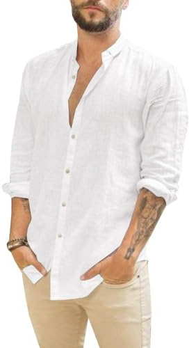 Makkrom Men Linen Shirt Button Down Long Sleeve Cotton Beach Band Collar Casual Summer Shirts