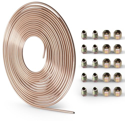 Brake Pipe Copper Coated Steel Tubing 32.8Ft. of 3/16 Automotive Replacement Brake Lines Kit with 20 Nuts Fittings (32.8Ft. of 3/16)
