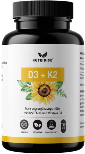 Nutridise Vitamin D3 + K2 Kapseln – 1000 IE D3 + 100 µg K2VITAL MK7 99,99% Trans-Form – optimales D3 / K2 Verhältnis - hochdosiert, laborgeprüft - 180 Kapseln