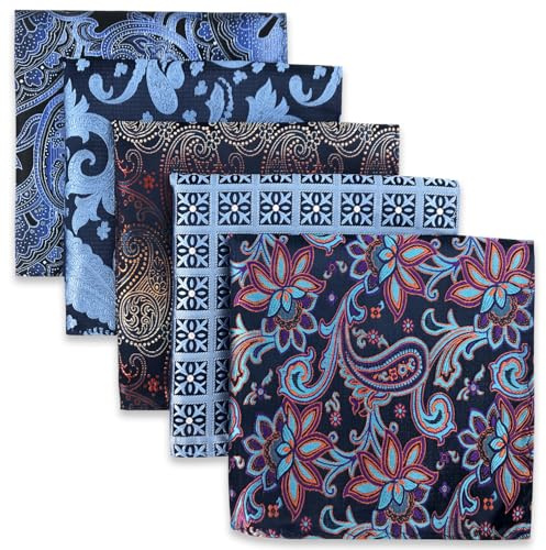 SHLAX&WING 5 Pieces Assorted Mens Silk Pocket Square Handkerchiefs Set (Set58)