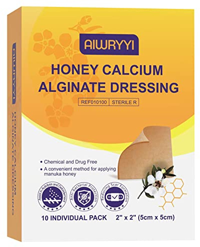 [Pack of 10] Honey Calcium Alginate Dressing 2”x2”, Honey Wound Patches with Calcium, Fast Healing Honey Pads for Bedsores, Surgical Wound, Diabetic Foot Ulcers, Burns and Skin Tears