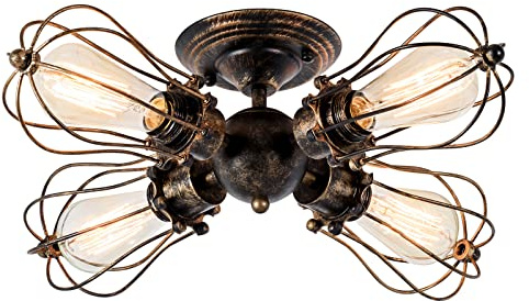 Luling Vintage Deckenleuchte Industrielüster Verstellbare Steckdose Metalldrahtkäfig Halbschalenmontage Rustikale Deckenleuchte Leichtmetall-Leuchten (ohne Glühbirne) (mit 4 Licht) (Bronze)