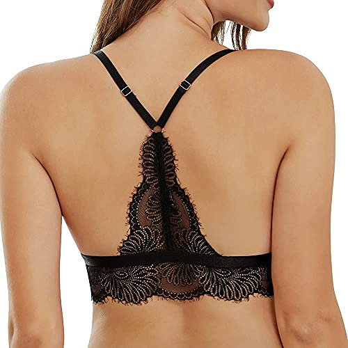 SHEKINI Damen BH Ohne Bügel Bustier Damen Spitze BH Bügellos Vorne Vershcluss Gepolstert BH Rückenfrei Racerback Bralette Tiefer Ausschnitt Neckholder Top Sexy Unterwäsche