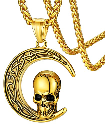 FaithHeart Colgante Rock Hombre Acero Inoxidable 316L Collar Luna Media Nueva Cabeza Esquelético Vikinga Nudo Trinidad Collar Protección Hombre Regalo Halloween