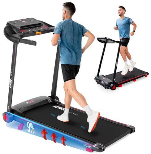 Tapis de Course Pliable FITFIU Fitness Inclinaison 9% et Vitesse Réglable 14 km/h Connectivité APP et Haut-parleurs Intégrés 12 Programmes et Moteur 2.0 HP avec Support pour Tablette MC-90