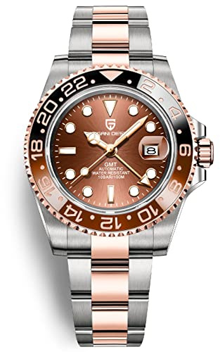 Pagani Design GMT Reloj para Hombre Automático Clásico Bisel de Cerámica Bisel Cristal de Zafiro Acero Inoxidable 100M Resistente al Agua 40MM（3 Oro Rosa）
