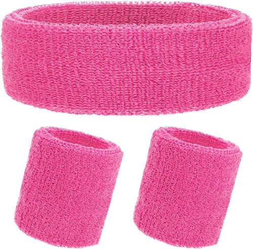 KOMUNJ Stirnband und Armbänder Schweißbänder Set, 80er Jahre Schweißband Set Neon Grün Retro 80er Jahre Stirnband & Handgelenk Schweißband Neon 80S Fun Run Team Building Event Verkleidung Rosa