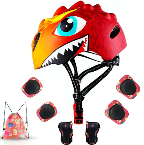 Toddler Helmet Kids Bike Helmet for 2 3 4 5 6 7 8 Years Old Girls with 3D Dinosaur Design Protective Gear Set and Safety Certified, Toddler Bike Cycling Skating Skateboard Scooter Helmet (Red)