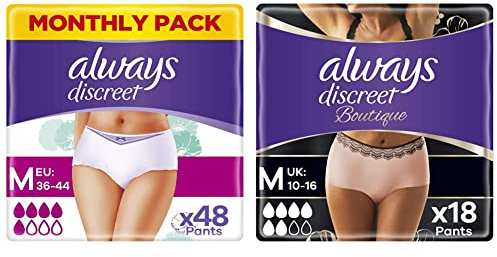 Always Discreet Incontinence Pants Women, Medium, Low Rise, 48 Pants (12 x 4 Packs), Odour Neutraliser & Discreet Boutique Incontinence Pants Women, Medium, Plus