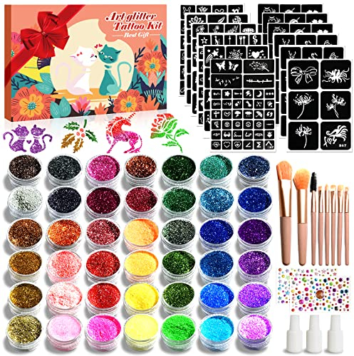 jingyuanli Glitzer Tattoo Set Kinder - 42 Farben Temporäre Glitzertattoos für Mädchen, 228 Schablonen, 8 Pinsel, 233 Strasssteine,3 Kleber, Fasching Glitzer Make-up-Kit,für Mädchen ab 3 Jahren