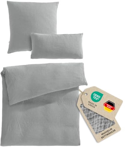 Pure Label Musselin Bettwäsche 155x220+80x80+40x80 cm - Grau | Traumhaft weiche, kuschelige Bettwäsche-Sets aus Musselin - 40° Waschbar