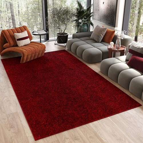 TAPISO Noyan Teppich Kurzflor Antirutsch Rot Einfarbig Waschbar Modern Design Waschmaschinenfest rutschfest Wohnzimmer Schlafzimmer ÖKOTEX 140 x 200 cm