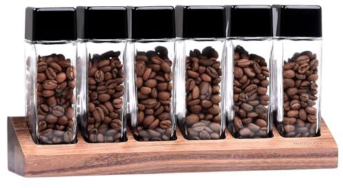 Normcore 6 Tubes Single Dose Espresso Bean Cellars, Coffee Beans Storage Tube Vial Vault with One-Way Exhaust Valve, Glass Coffee Bean Capsules With Genuine American Walnut Display Stand