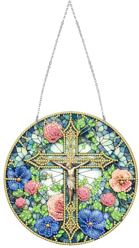Starnearby DIY Diamond Painting Anhänger, 5D Diamanten Painting Jesus Kreuz Bilder, Diamant Painting Kranz Set mit Kette, Diamant Malerei Einseitig Fensterbilder für Fenster Wand Und Eingang Decor
