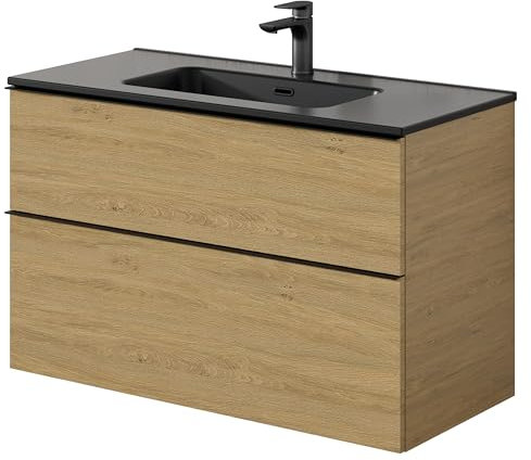 BERNSTEIN Badmöbel-Set Lavoa 100 cm bestehend aus Waschbecken und Unterschrank mit 2 Schubladen, Waschbeckenunterschrank in Eiche, Griffe in Schwarz - 5 Jahre Garantie - Waschtisch in Schwarz matt