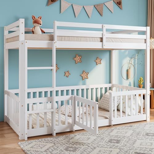 Etagenbett Kinderbett 90 x 200 mit Zäune und Türchen, Hochbett für 2 Kinder, Massivholz Bodenbett Stockbett Funktionsbett Jugendbett mit Leiter, Doppelbett mit Rausfallschutz und Lattenrost, Weiß