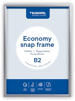 Europel Economy Klapprahmen, B2, Farbe Silber, 25x11mm Profil, eloxiertes Aluminium, Antireflexfolie, Plakate und Werbung, Hotel, Büro, Restaurant, Speisekarten, Für Posterformat 50x70,7 cm