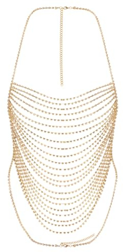 Sparkly Gold Crystal Body Chain, Summer Rave Nightclub Bra Chain, Bling Backless Crop Top & Halter Top Tank for Women's Night Out