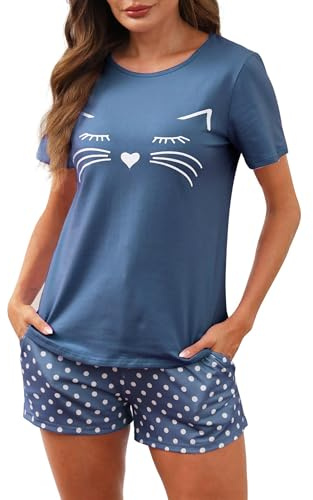Reliwel Pyjamas för kvinnor sommar pyjamas dam kortärmad och shorts med fickor pyjamas dam lätt bomull sommar pyjamas för dam söt natt katt avslappnad hem bekväm mjuk, Ljusblå, XL