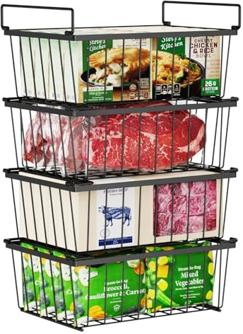 iSPECLE Freezer Baskets for Chest Freezers, 4 Pack Stackable Metal Freezer Storage for 142L Deep Freezers, Easy Access Handles for Organising Small Frozen Items, WireMetal for Cold Air Circulates
