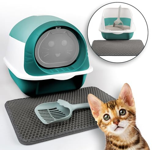 LINUMA® Katzenklo mit Deckel abnehmbar - Katzen Klo mit Katzenstreumatte, Streuschaufel & Aktivkohlefilter - Katzenklo - Katzenklo geschlossen - Katzentoilette hoher Rand (grün) Katze